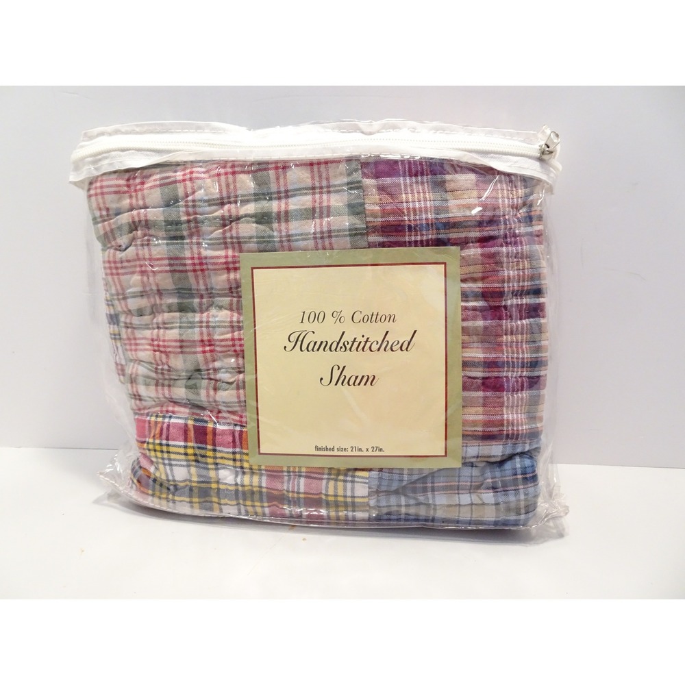 American Mills Handstitched Cotton Quilted Pillow Sham Plaid Patchwork 21x27 NEW